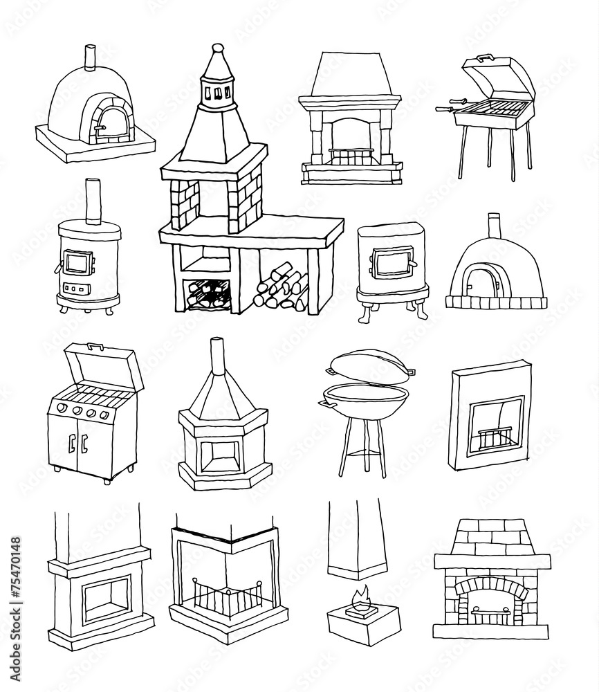 fireplace doodle set, vector illustration fireplace doodle set, vector illustration