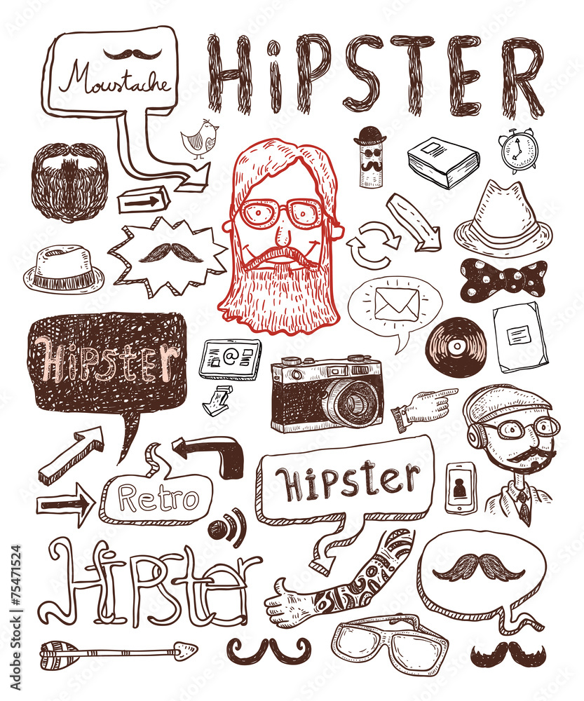 Hipster doodle set, hand drawn illustration.