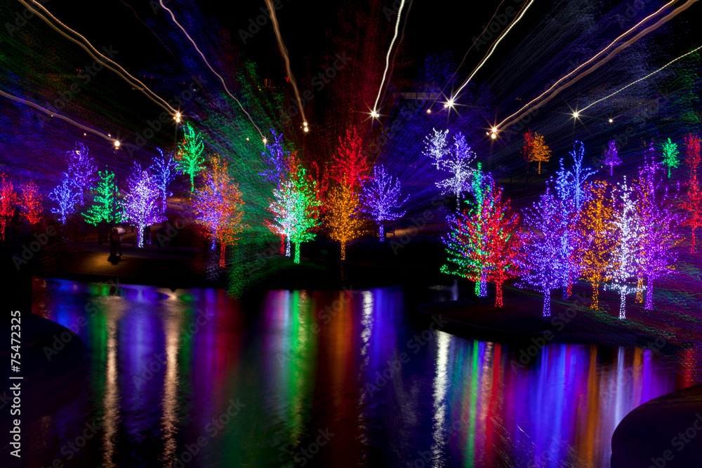 Abstract of trees tightly wrapped in LED lights for the Christma