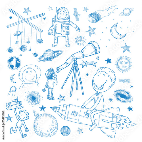 Space boy set, hand drawn vector illustration.