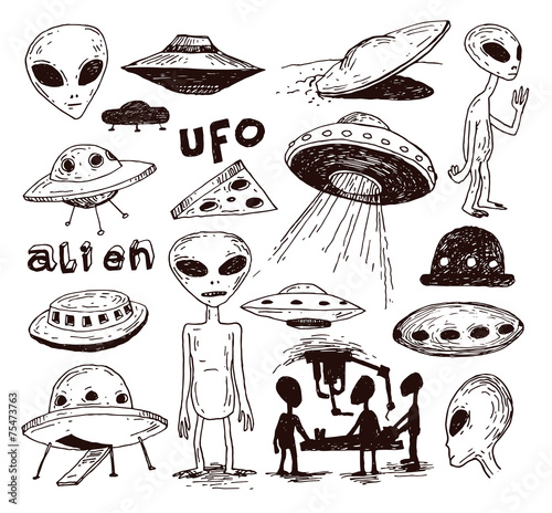 Set of alien and ufo icon, hand drawn vector illustration.