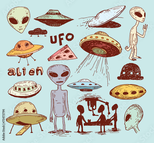 Set of alien and ufo icon, hand drawn vector illustration.