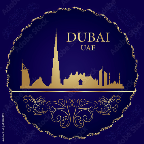 Dubai skyline silhouette on vintage background