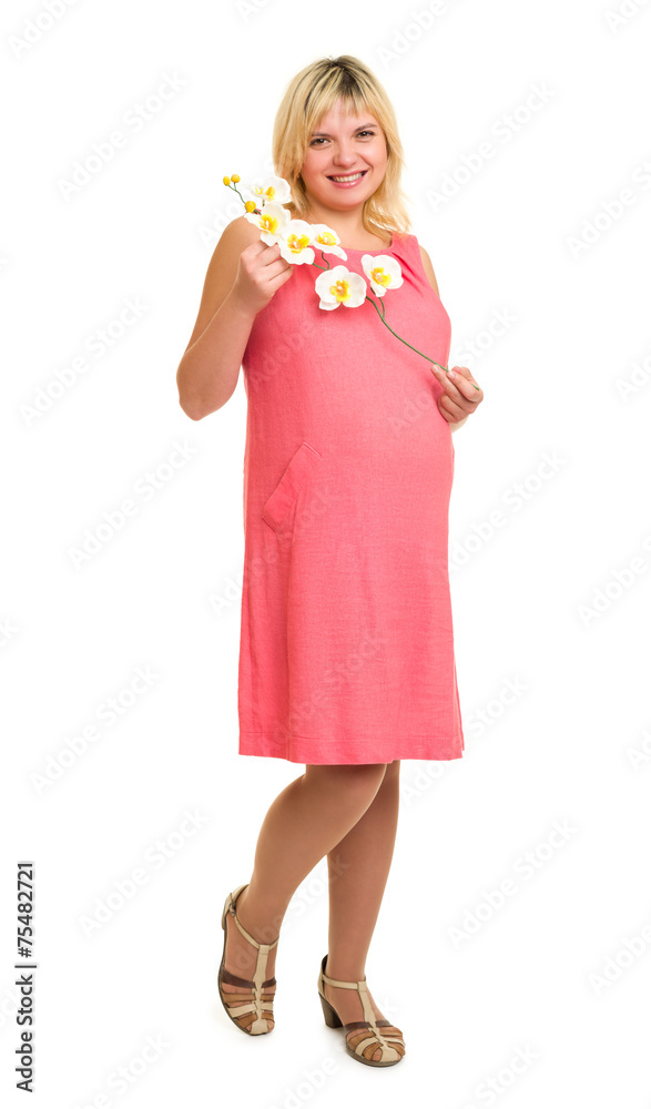 pregnant woman with flowers in red dress