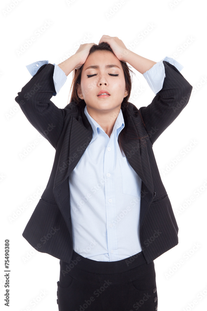 Young Asian businesswoman stressed , got headache ,unhappy Young Asian businesswoman stressed , got headache ,unhappy