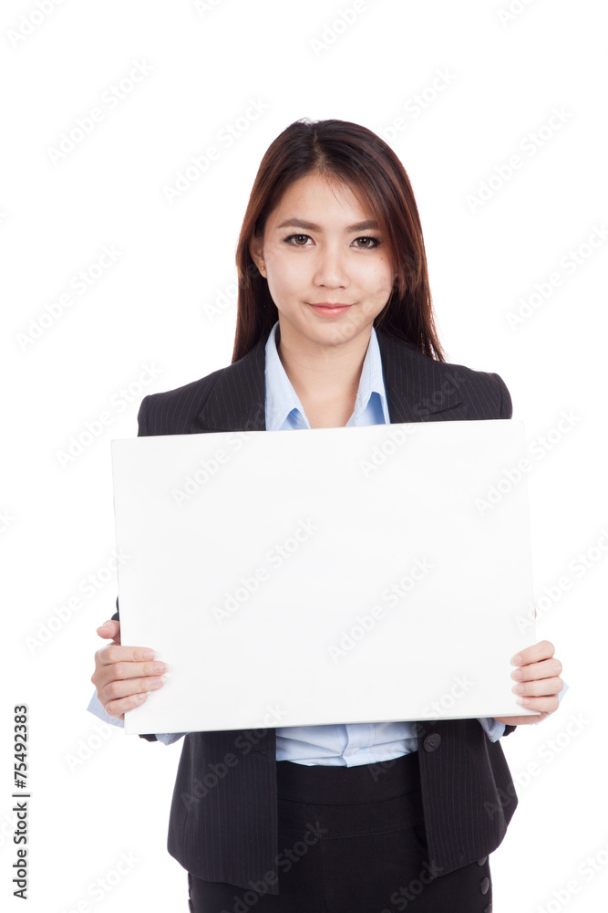 Young Asian businesswoman show blank sign Young Asian businesswoman show blank sign