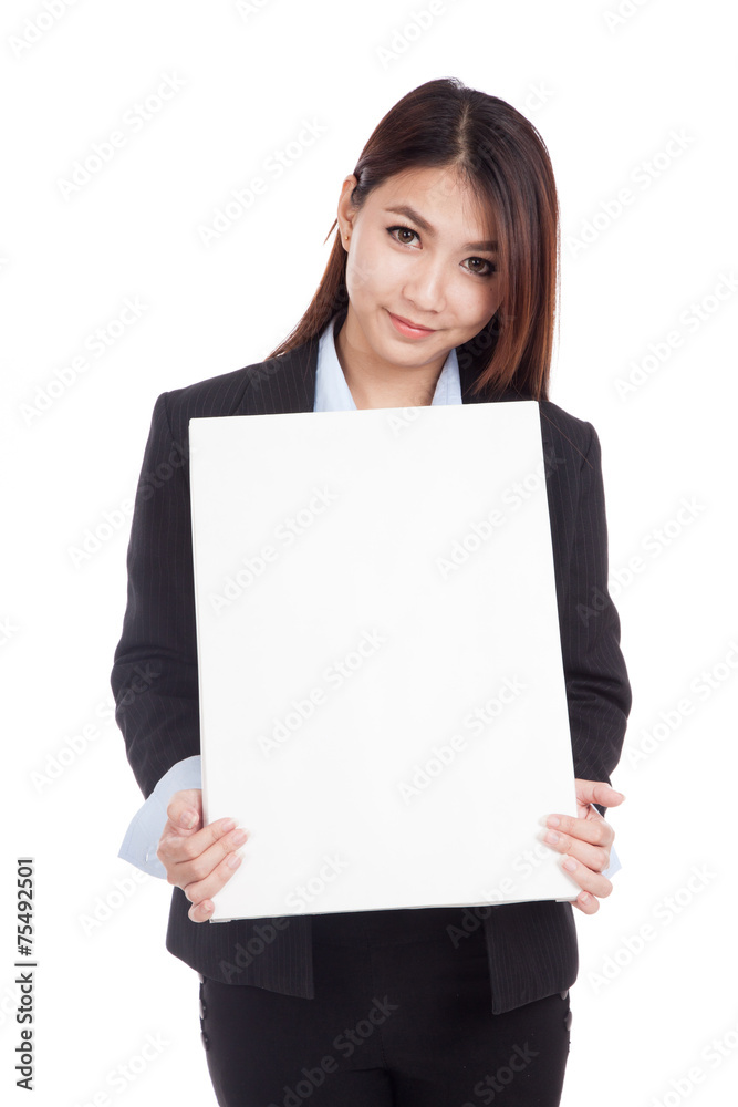 Young Asian businesswoman show vertical blank sign Young Asian businesswoman show vertical blank sign