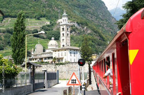 Bernina express train arriving at Tirano on Italy