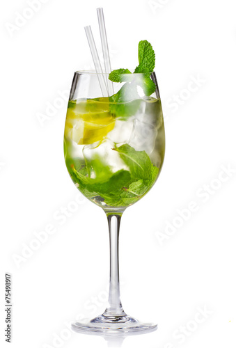 Alcohol cocktail (Hugo) with lime and mint isolated #75498917