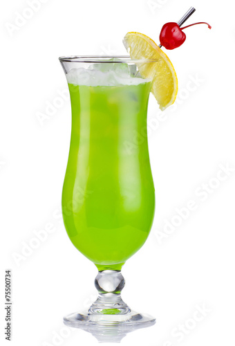 Green alcholol cocktail in hurricane isolated