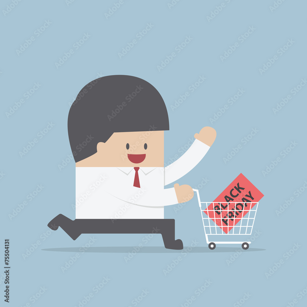 Businessman and shopping cart with black friday sale label Businessman and shopping cart with black friday sale label