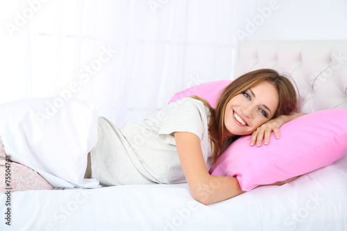 Young beautiful woman sleeping in bed close-up