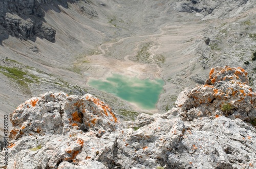 Mountain glacier lake hidden behind the rocks