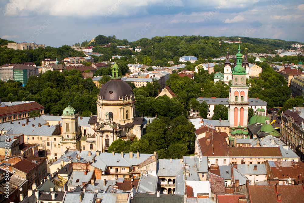 Bird eye view of Lviv from the city hall, Ukraine
