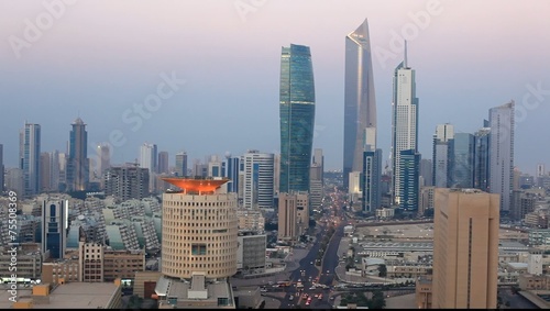 High angle view of the Kuwait City at dusk. Middle East photo