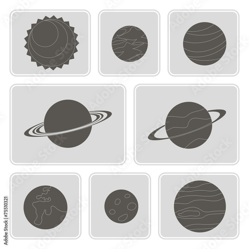 set of monochrome icons with planets of the solar system