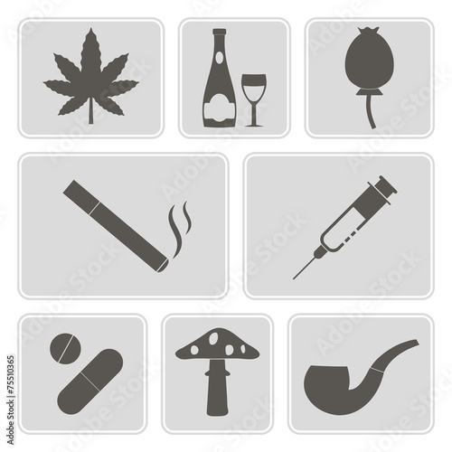 set of monochrome icons with symbols of drug addiction