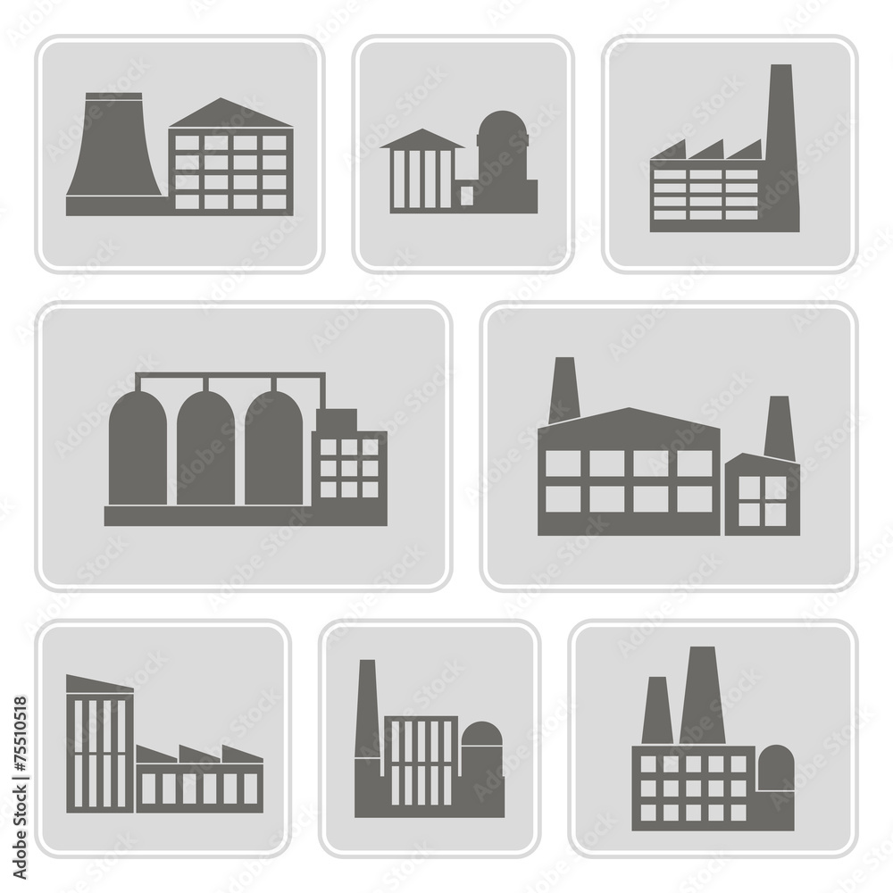 set of monochrome icons with different industrial buildings