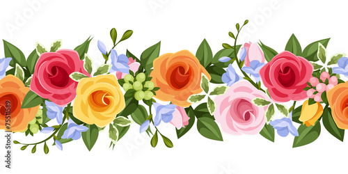 Horizontal seamless background with colorful roses and freesia.