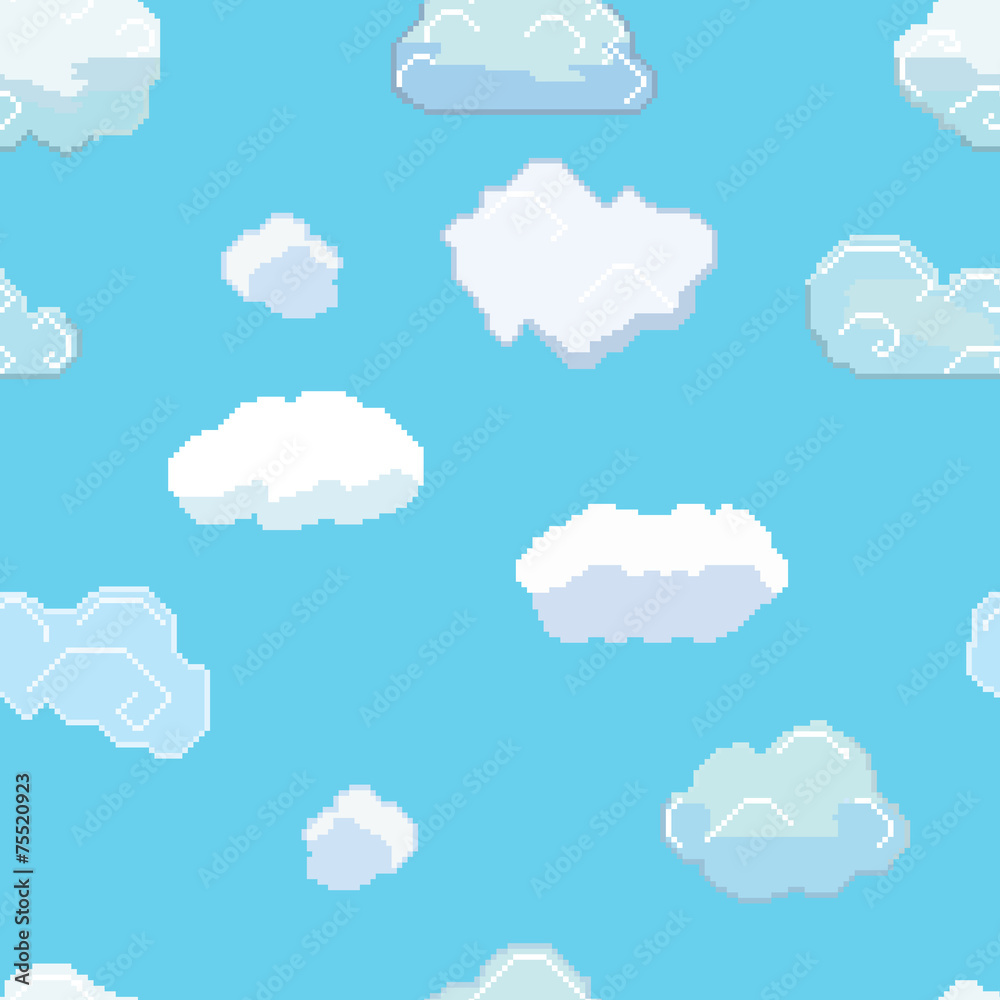 Vector Pixel Art Clouds Seamless Pattern
