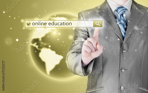 Online education written in search bar on virtual screen.