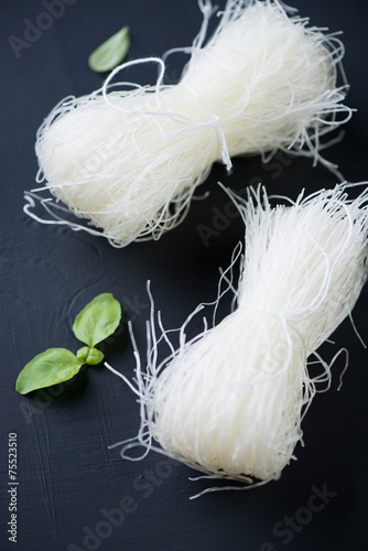 Close-up of raw bean threads noodles, vertical shot