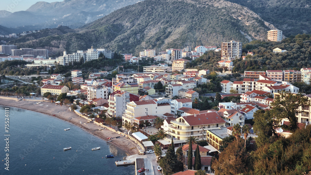 Aerial view of coastal town Rafailovici, Budvanska Riviera,