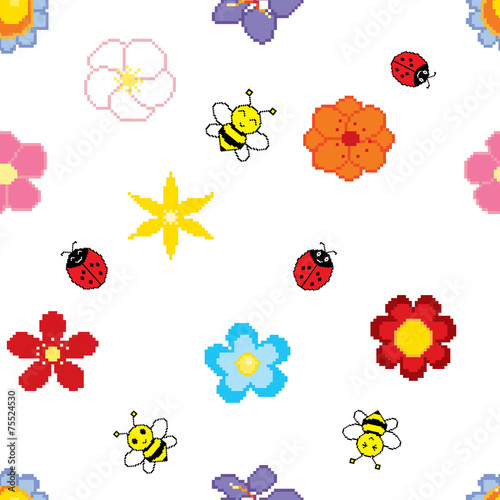 Seamless background of pixel art flowers, bees and ladybirds