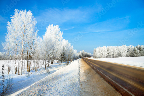 winter landscape with the road the forest and the blue sky © yanikap