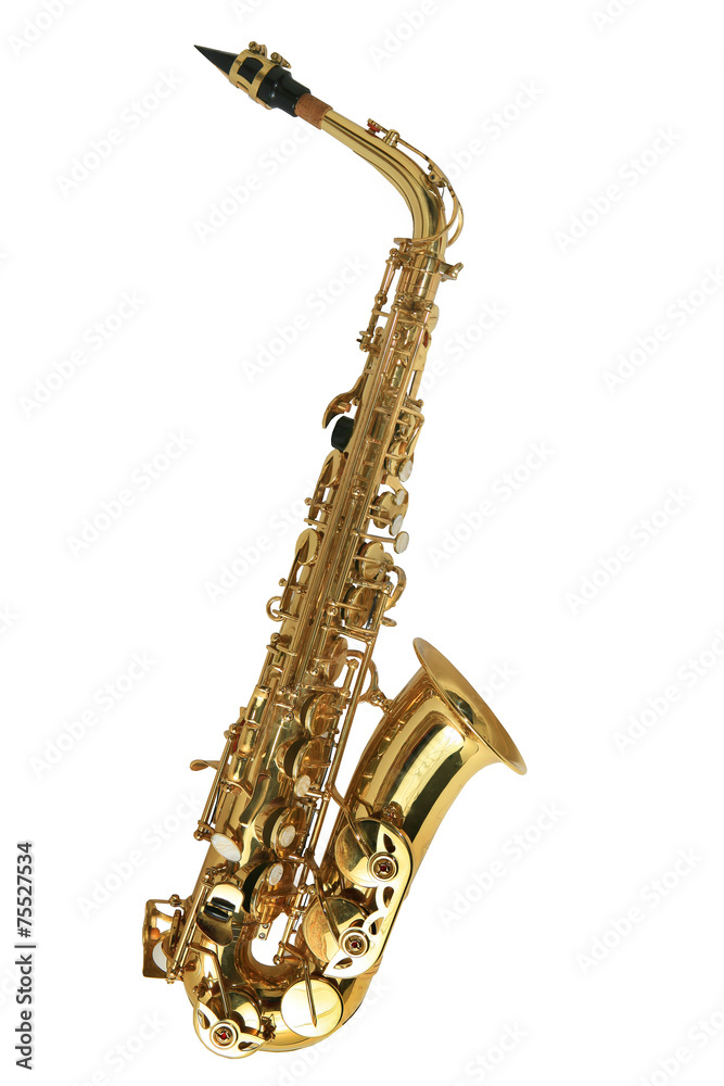 Naklejka premium Saksofon altowy złoty saksofon na białym tle.