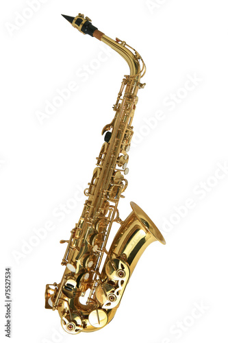 Alto sax golden saxophone isolated on white background.