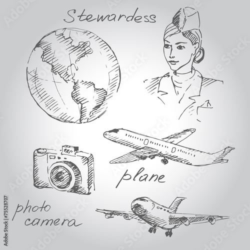 Set of sketch travel icons.