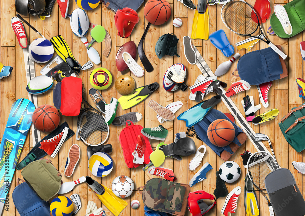 Sports equipment has fallen down in a heap in the gym - obrazy, fototapety, plakaty 
