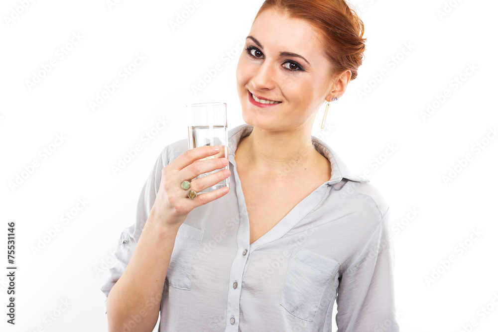 woman with short red hair drinking mineral water woman with short red hair drinking mineral water