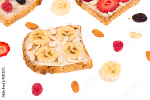 Toast with banana fruit for breakfast meal.