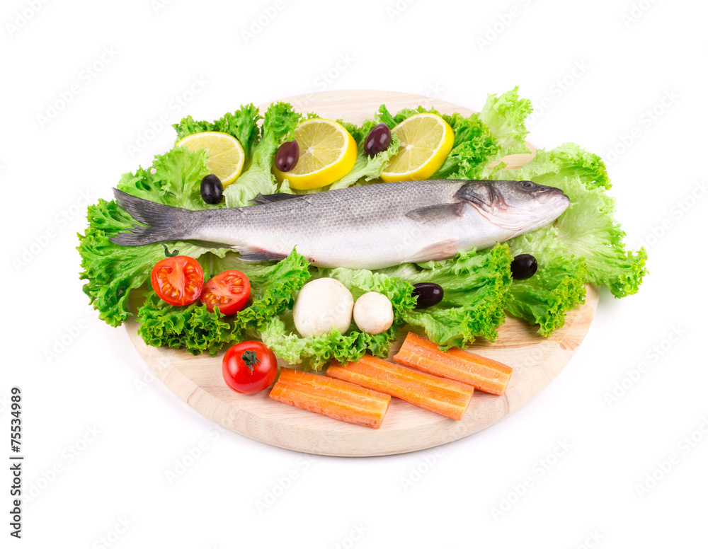 Composition of fresh seabass and vegetables.
