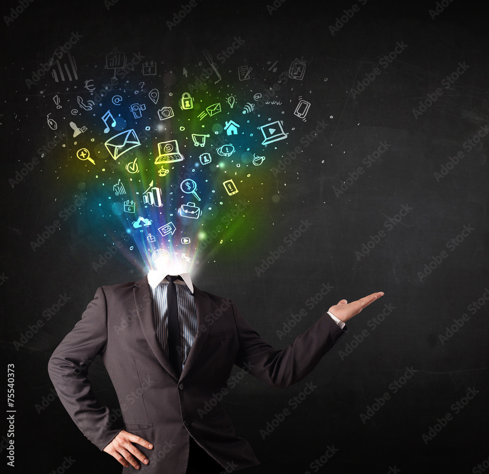 Business man with glowing media icons exploding head Business man with glowing media icons exploding head
