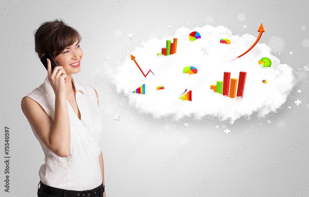 Young woman presenting cloud with graphs and charts Young woman presenting cloud with graphs and charts