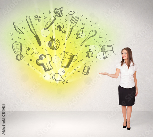 Young girl presenting nutritional cloud with vegetables