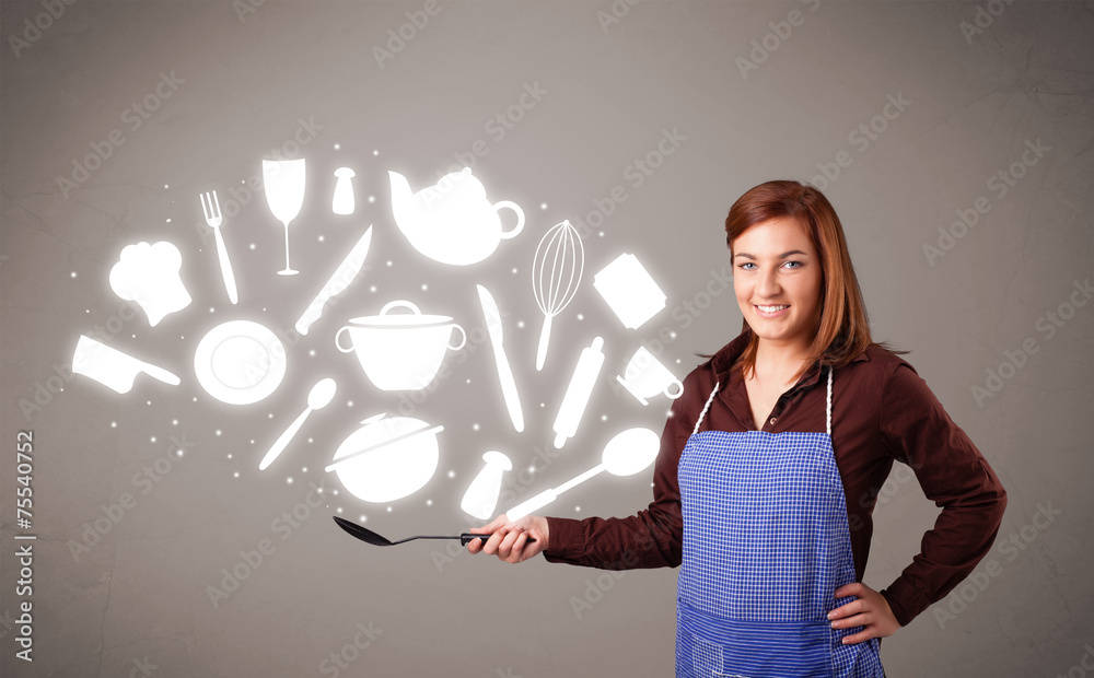 Young woman with kitchen accessories icons Young woman with kitchen accessories icons