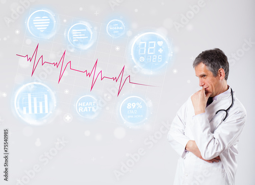 Doctor examinating modern heartbeat graphics