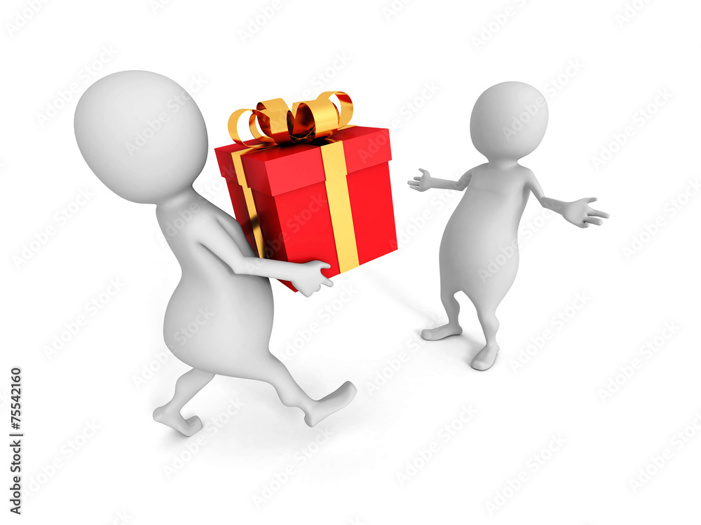 white 3d man giving golden bow gift to another person white 3d man giving golden bow gift to another person