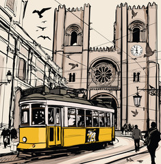 Typical tramway in Lisbon near Se cathedral