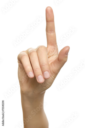 Woman hand pointing up with index finger