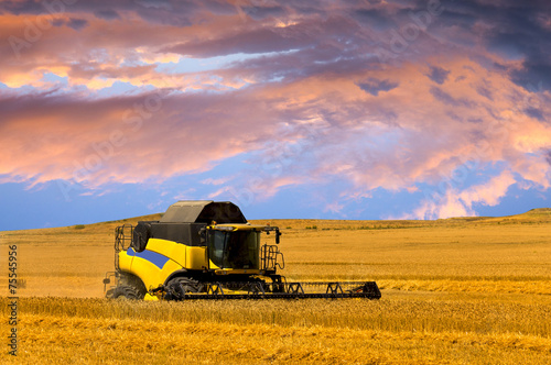 Reaping machine or harvester combine on a field with dynamic sky