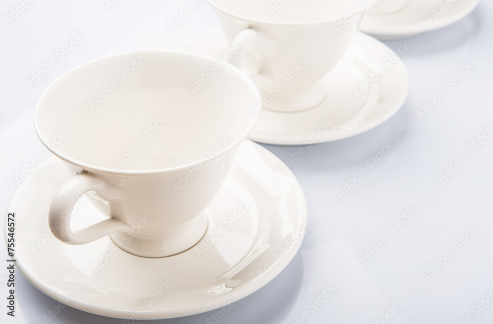 Ceramic saucer and teacup over white background 