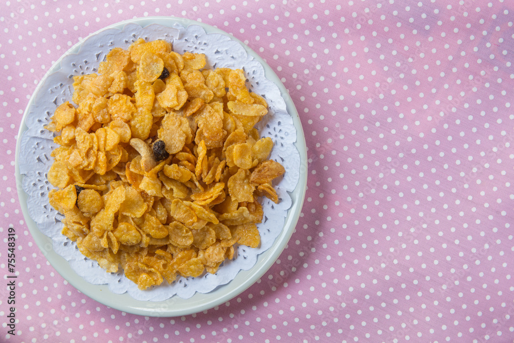 Cornflakes (detailed top view) on table Cornflakes (detailed top view) on table