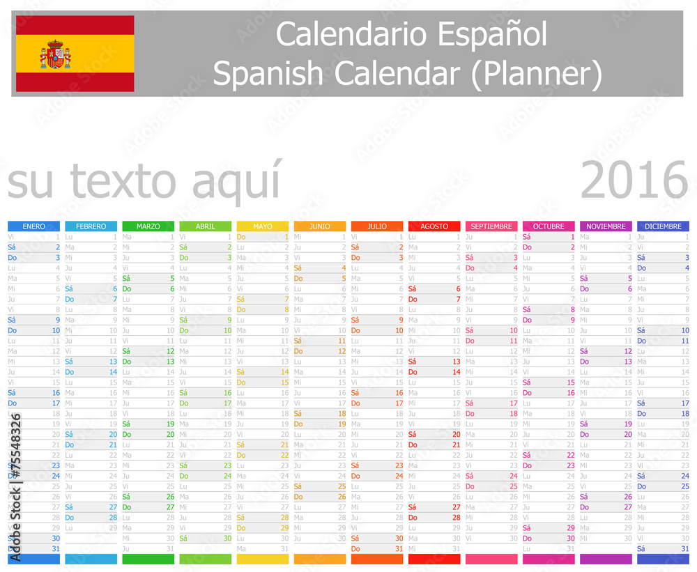 2016 Spanish Planner Calendar with Vertical Months