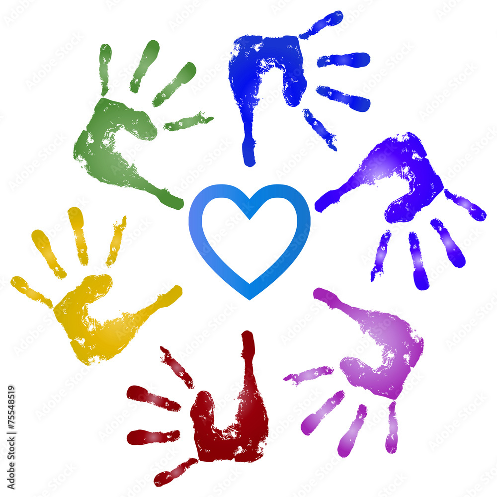 Conceptual children painted hand print and heart isolated Conceptual children painted hand print and heart isolated