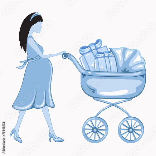 Young  pregnant woman with a blue baby carrier full of presents